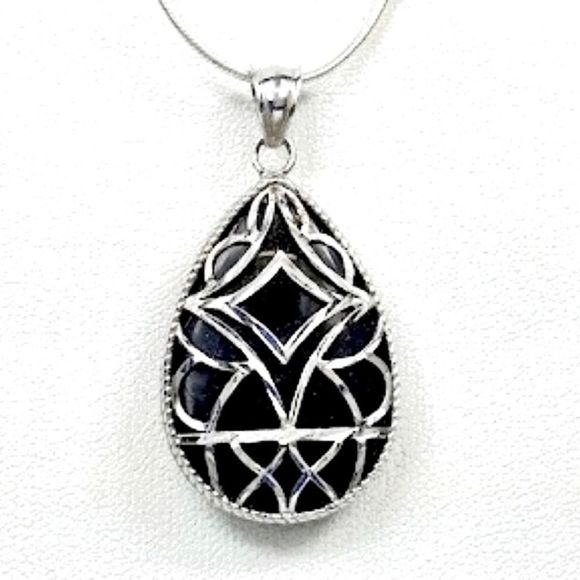 Black Onyx Cabochon Teardrop and Sterling Silver Filigree Overlay Necklace - Picture 10 of 10